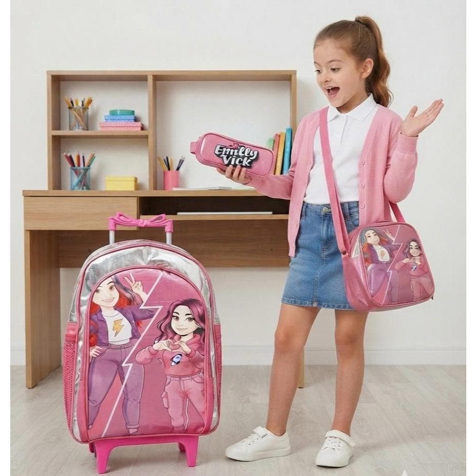 Mochila Emilly e Vick Rodinhas Rosa Lancheira Estojo