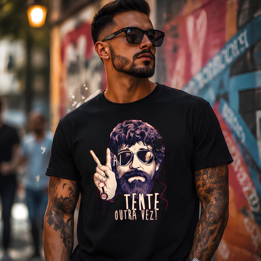 Camiseta Raul Seixas Tente Outra Vez Rock 100% Algodão 30.1 Penteado Camisa Preta Retro