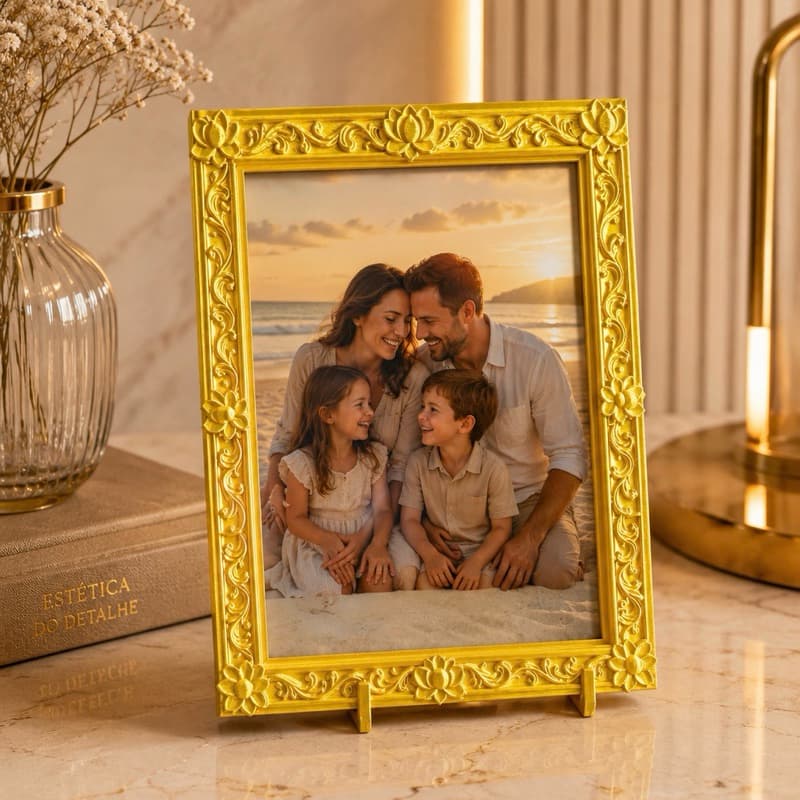 Porta-Retrato Decorativo no Dourado  | Branco 10x15 com Moldura Floral Clássica – Elegância para Fotos e Decoração