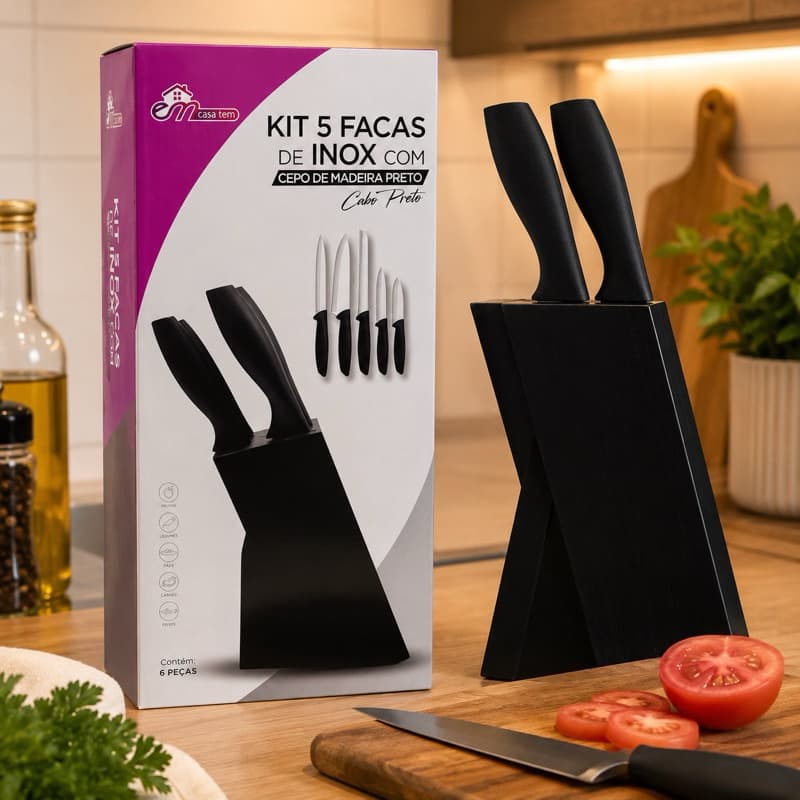 🔪 Kit Completo com 5 Facas de Inox + 1 Cepo de Madeira ou preto