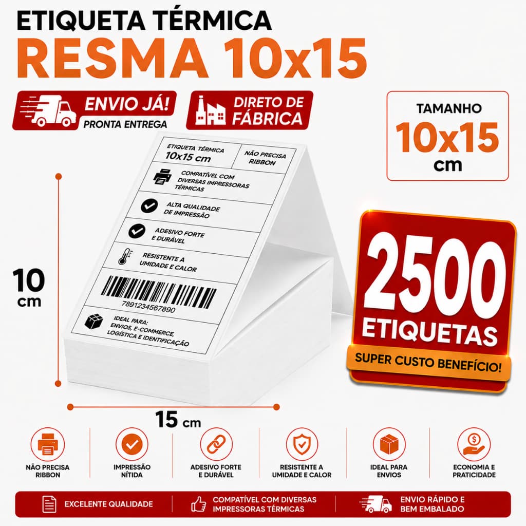Kit 2500 Etiqueta Térmica Adesiva Resma 10x15 Ecommerce Envios Zebra Elgin Impressora Sem Ribbon Papel Contínuo