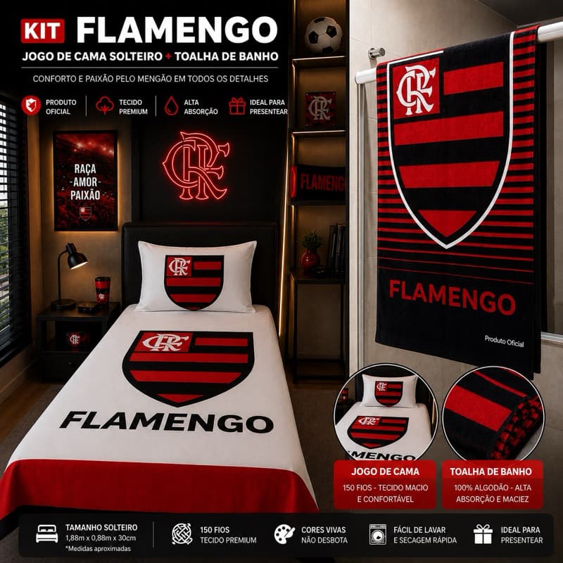Kit Cama Flamengo Lençol Solteiro Estampado + Toalha de Banho Toque Macio