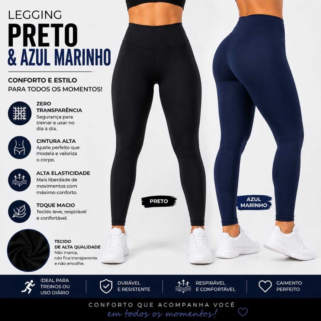 KIt 2 Calças Legging Feminina Cintura Alta Academia Fitness Zero Transparência Premium leg