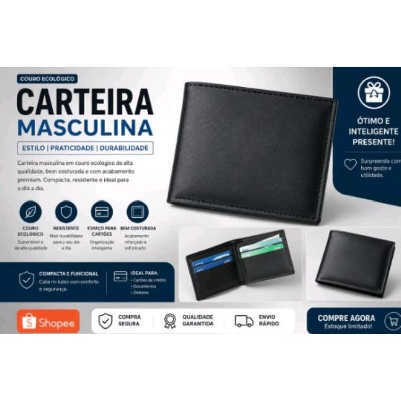 Carteira Masculina preta Couro Ecológico  - Leve e Elegante.