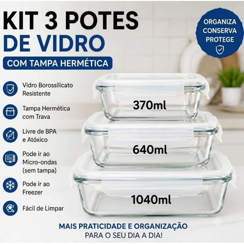 Kit 3 Potes de vidro Marmita Retangular com Tampa Hermética com válvula Forno Airfray Micro-ondas