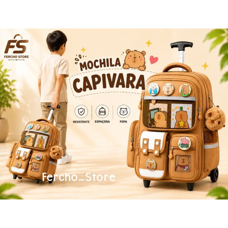 Mochila Escolar Capivara com Rodinhas Premium – Grande Capacidade, Impermeável + Kit 10 Brindes Grátis
