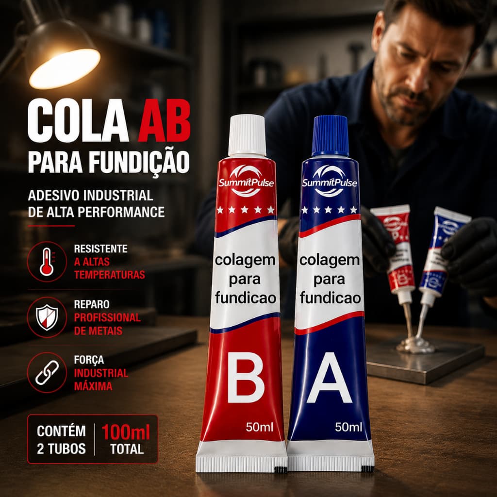 Cola de Fundição AB 50ml+50ml, Adesivo Epóxi Solda Fria para Reparo de Metais, Ferro, Alumínio e Peças Fundidas