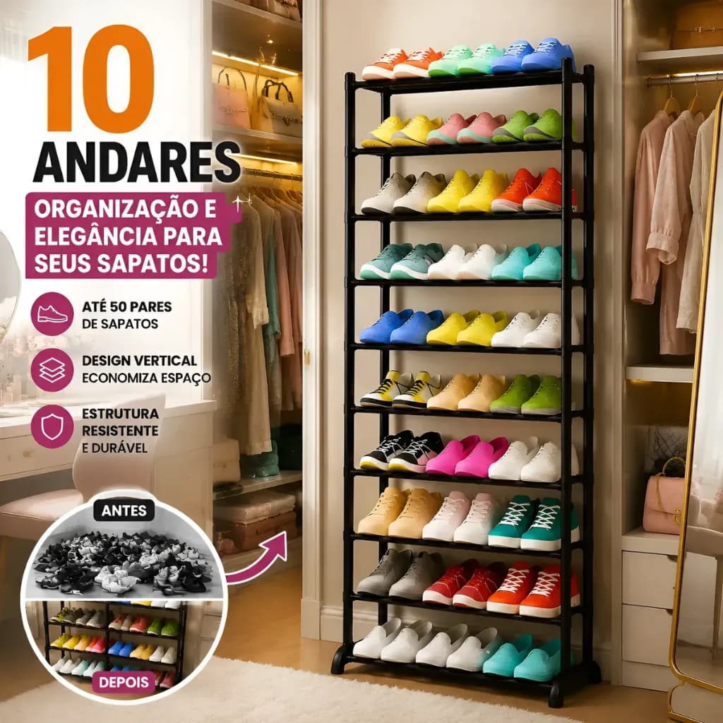 Sapateira De Porta 10 Andares Vertical Estante Organizadora Sapateira Vertical para até 30 Pares