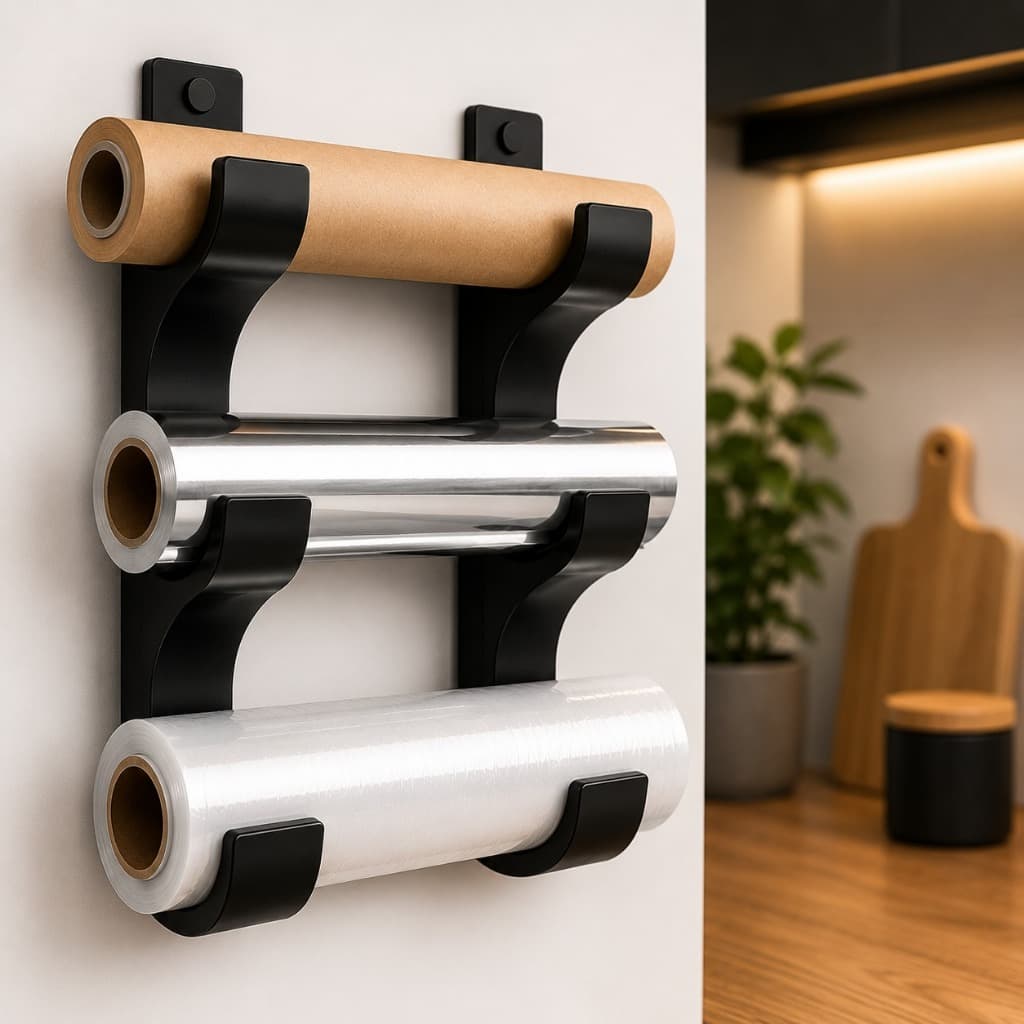Suporte Porta-Rolos para Cozinha Organizador Armário Papel Toalha Alumínio Filme Plástico