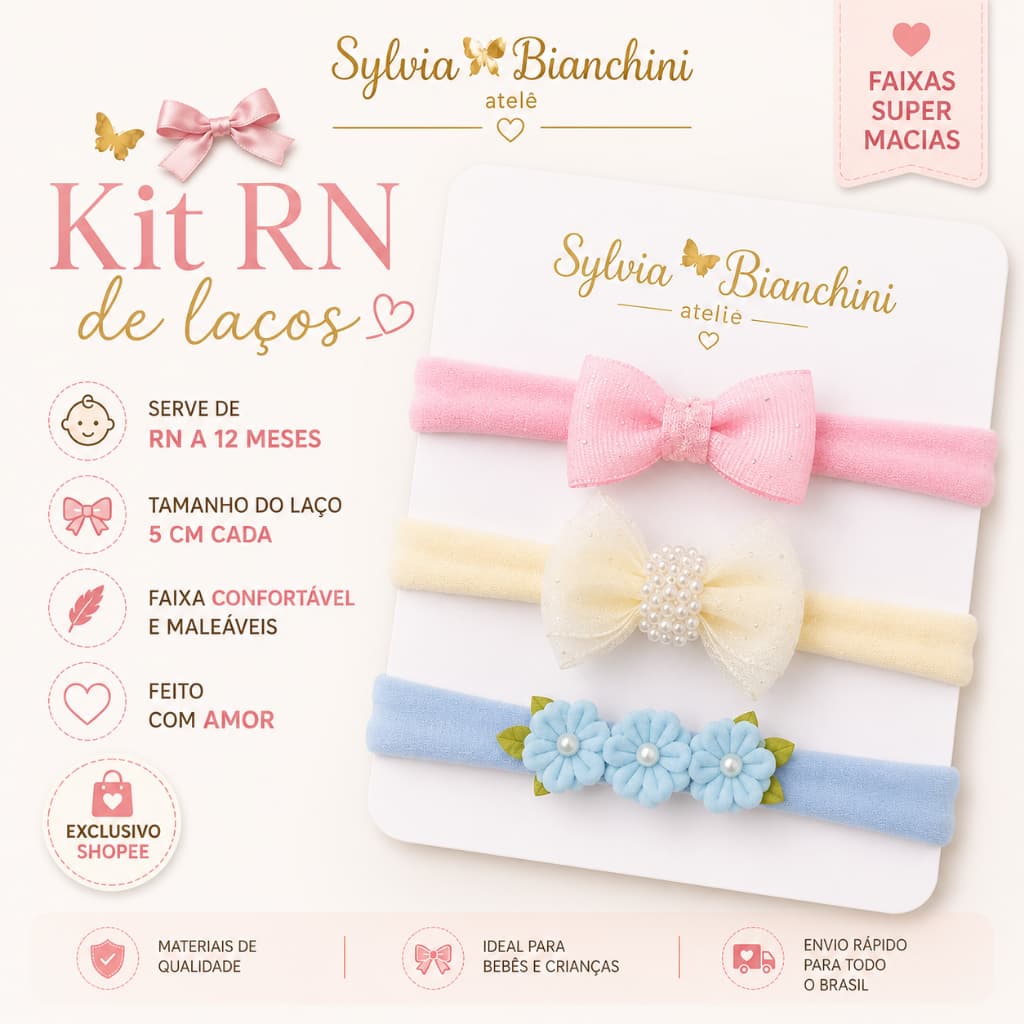 Faixinha de Cabelo Menina | Kit com 3 Unidades de Tiaras Bebê RN a 12 Meses | Faixa Meia de Seda Acessórios