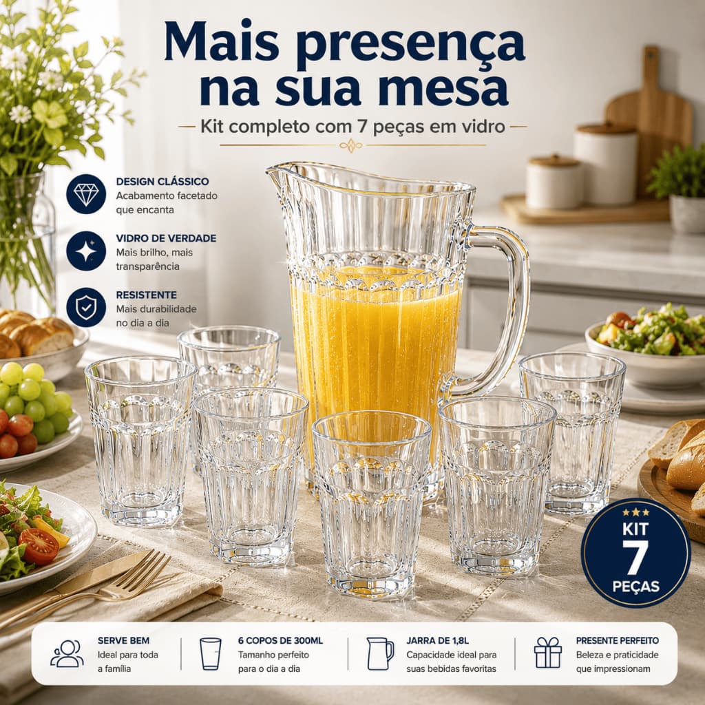 Kit Jarra De Vidro 1,8L + 6 Copos 300ml Luxor 7 Peças BPA Free