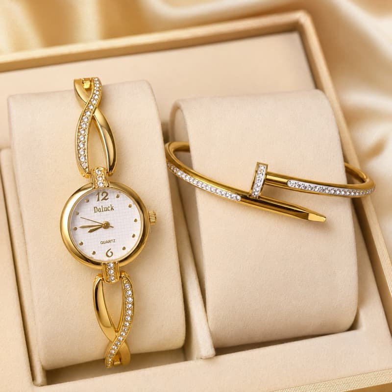 Relógio Feminino Quartz Cravejado Dourado Elegante Delicado com Bracelete Aço Inoxidável