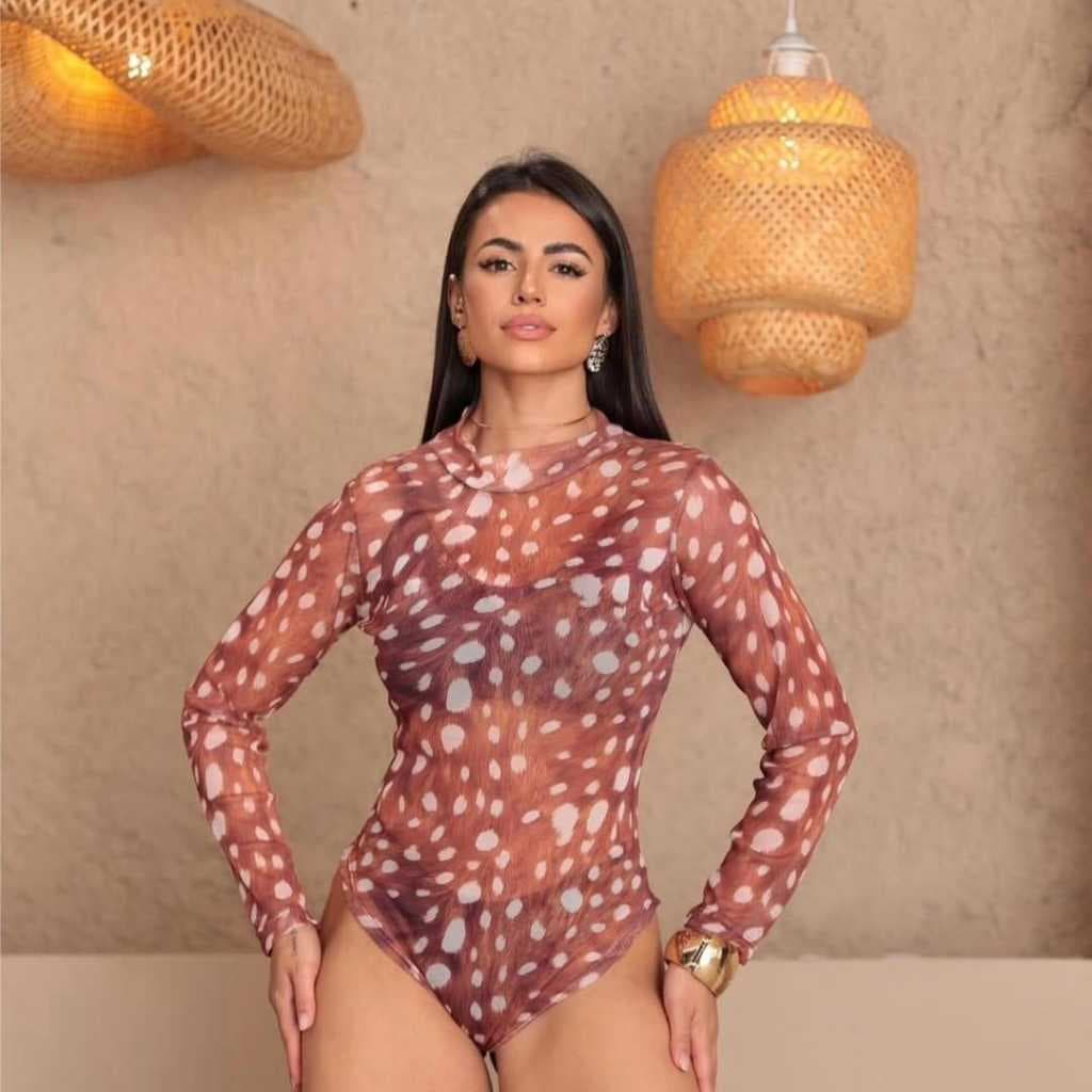 Body Tule Feminino Estampa Bambi Transparente Manga Longa Gola Alta Roupa Moda Feminina Tendência Look Blogueira