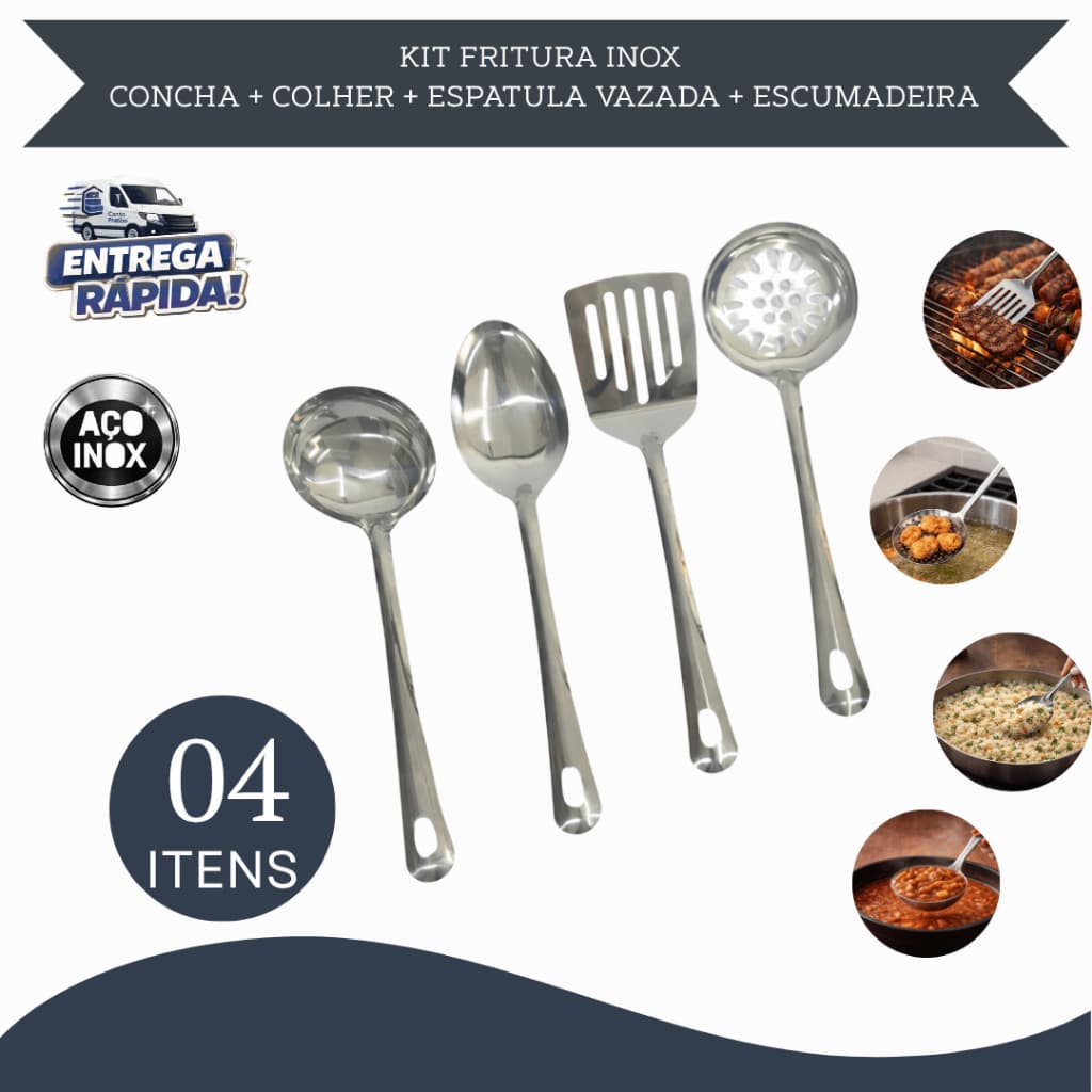 Kit Utensílios de Cozinha Inox 4 Peças – Concha Colher Espatula Vazada Escumadeira Restaurante