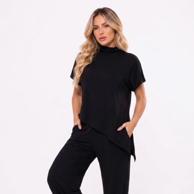 Conjunto Feminino Moletinho Gola Alta Pantalona Confortável Moda Inverno