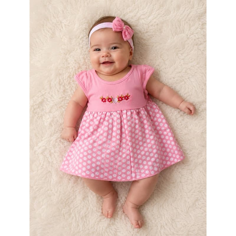 Vestido Bebê Menina 0 a 3 Meses com Tiara Malha 100% Algodão Bordado