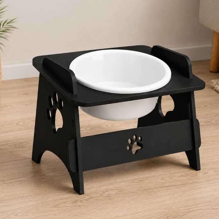 Comedouro Ergonômico Pet Cachorro Gato Suporte MDF Tigela Plastico 400ml
