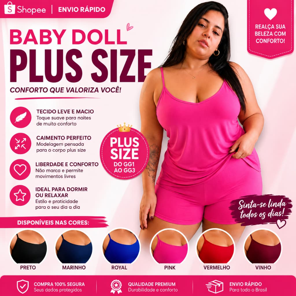 Baby Doll Plus Size Curto Feminino GG1 ao GG3 Conforto Premium Escolha sua Cor