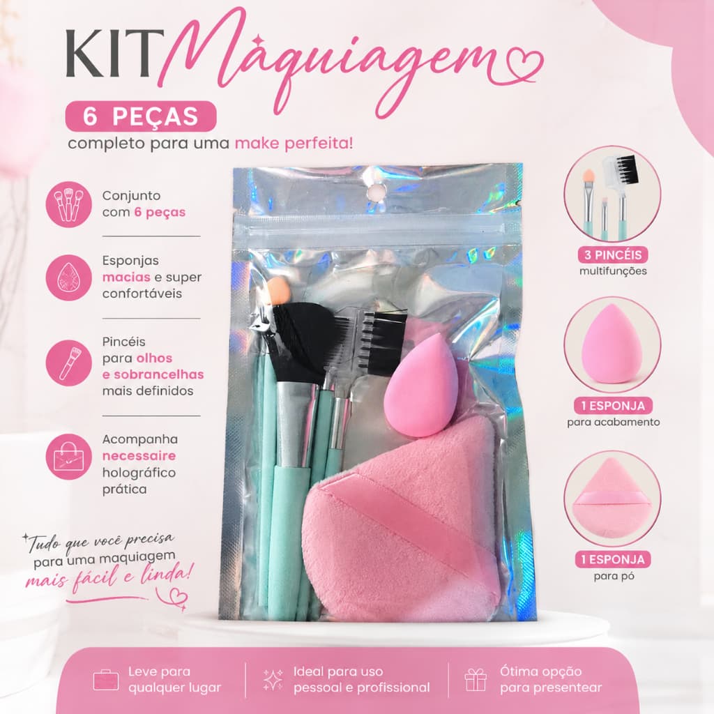 Kit Pincéis de Maquiagem 6 Peças com Esponja Coxinha e Puff para Pó Completo lembrancinha feminina