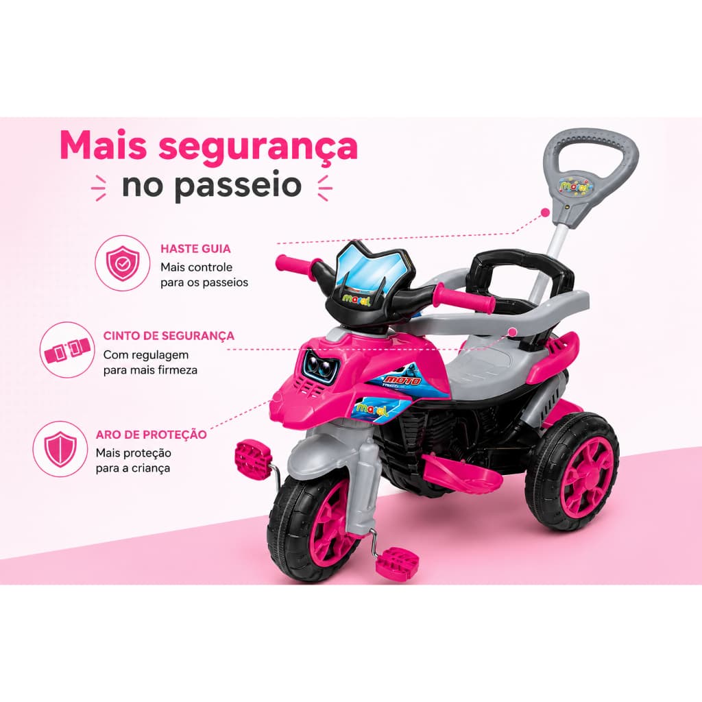 Triciclo Infantil Rosa 12 Meses Porta Objetos Buzina Apoio Para Os Pés Manual Inclusos