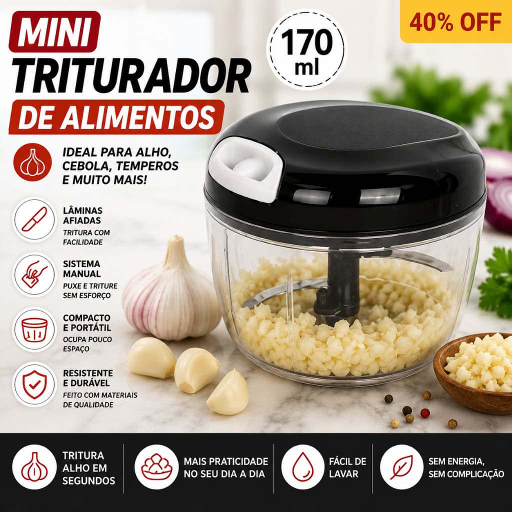 Triturador de Alimentos Mini 170ml Manual para Temperos e Alho