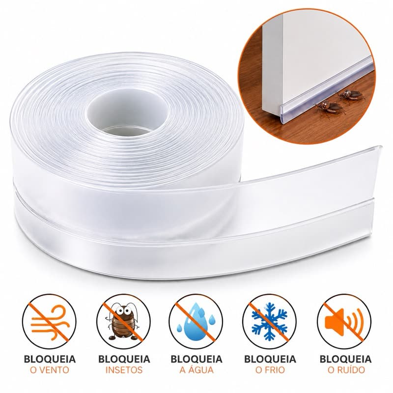 Vedador de Porta Transparente 25mm x 5m Fita Veda Porta Anti Poeira Vento Água Insetos Autoadesiva