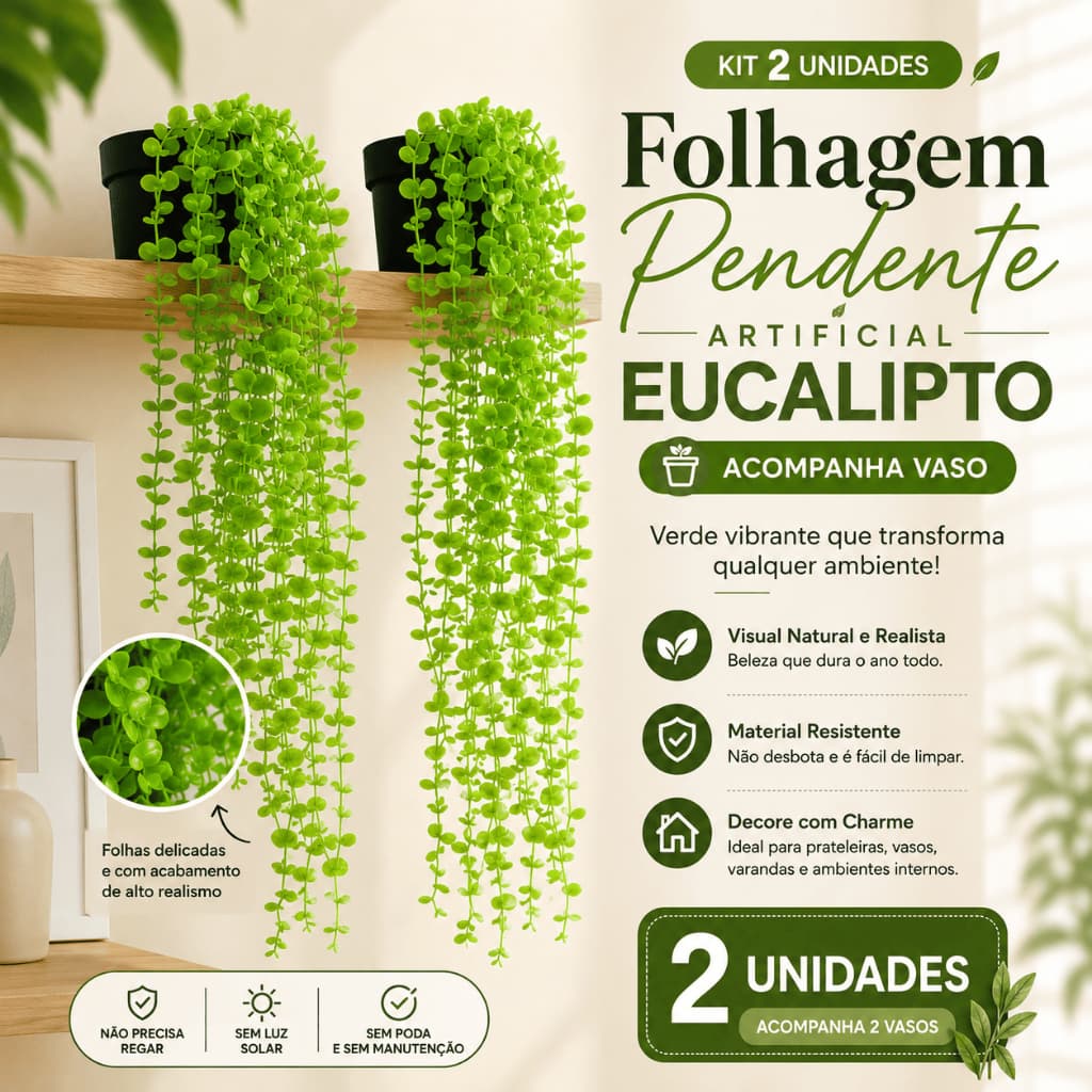 Kit 2 Plantas Pendente Artificial Decorativa com Vaso Pronta para Decorar Acabamento Realista