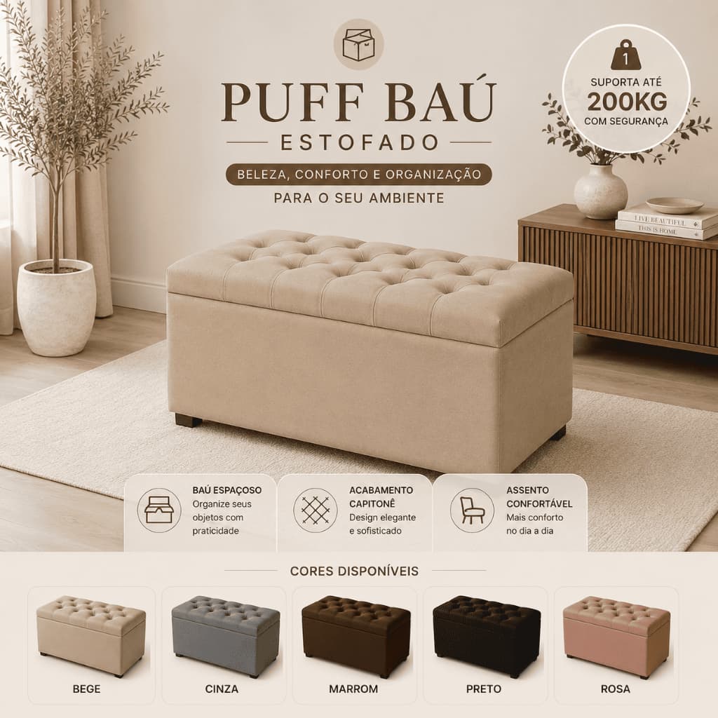 PUFF BAÚ ESTOFADO 90CM CAPITONÊ SUEDE ORGANIZADOR PORTA OBJETOS BRINQUEDOS ROUPAS SAPATO QUARTO SALA