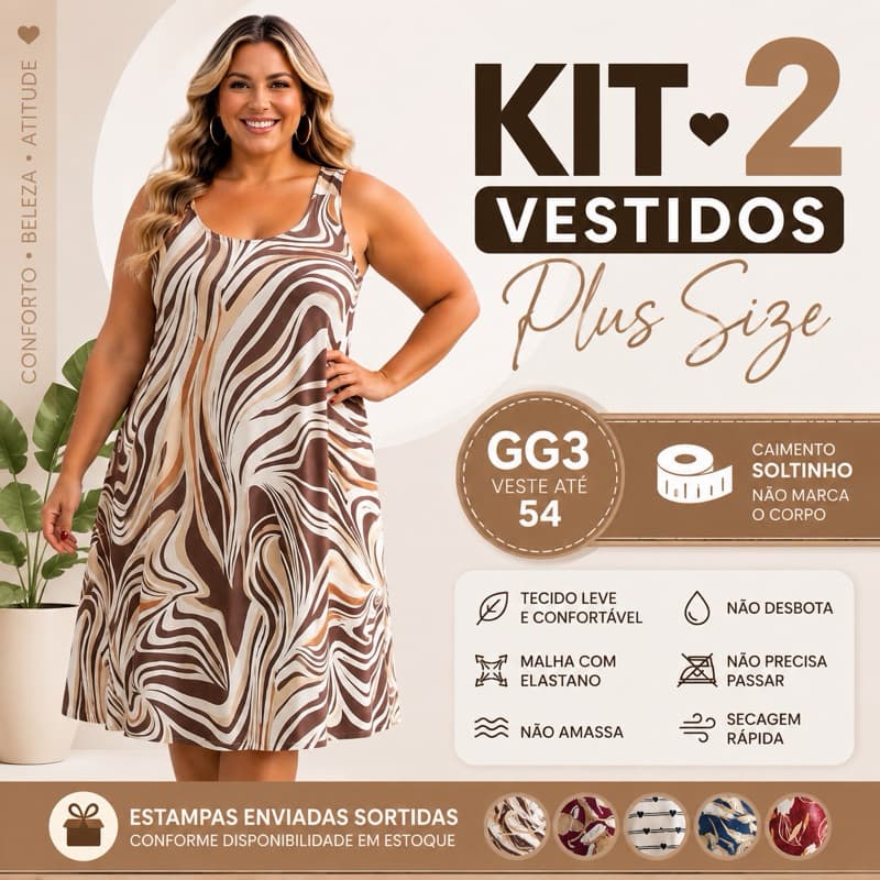 Kit 2 Vestidos GG3 Plus Size Feminino Alça Larga com Elastano Confortável Veste 48 ao 54