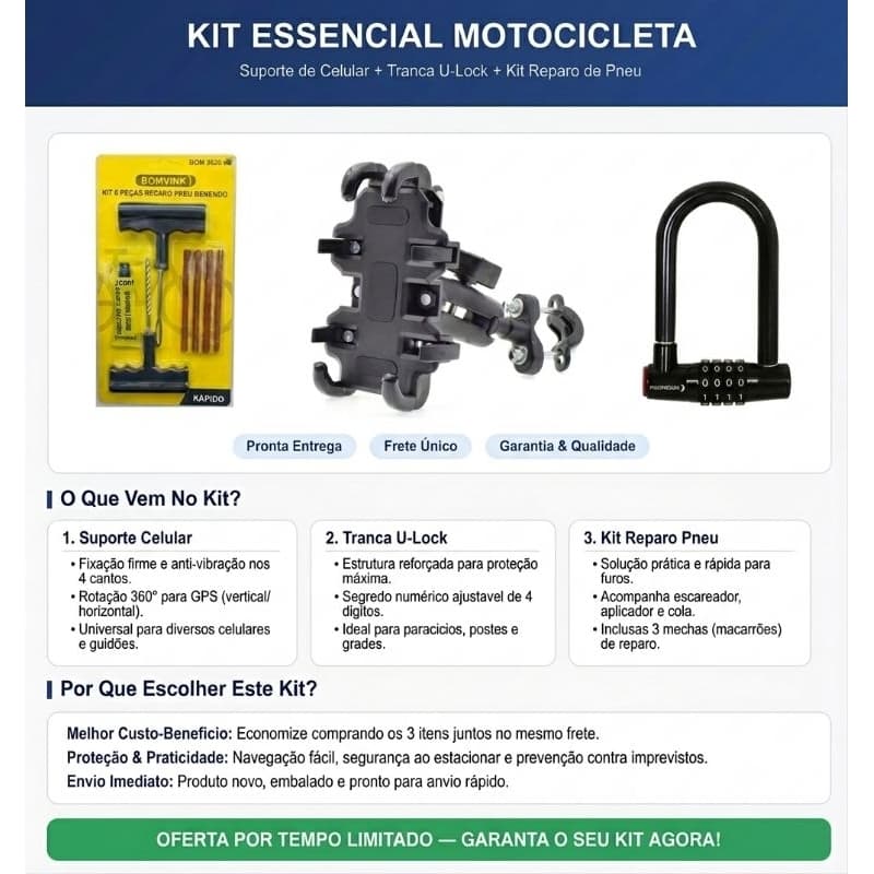 Kit Motocicleta Com 1 Suporte De Celular + 1 Cadeado Em U Com Senha Numérica E 1 Kit Reparo De Pneu  Para Carro E Moto..