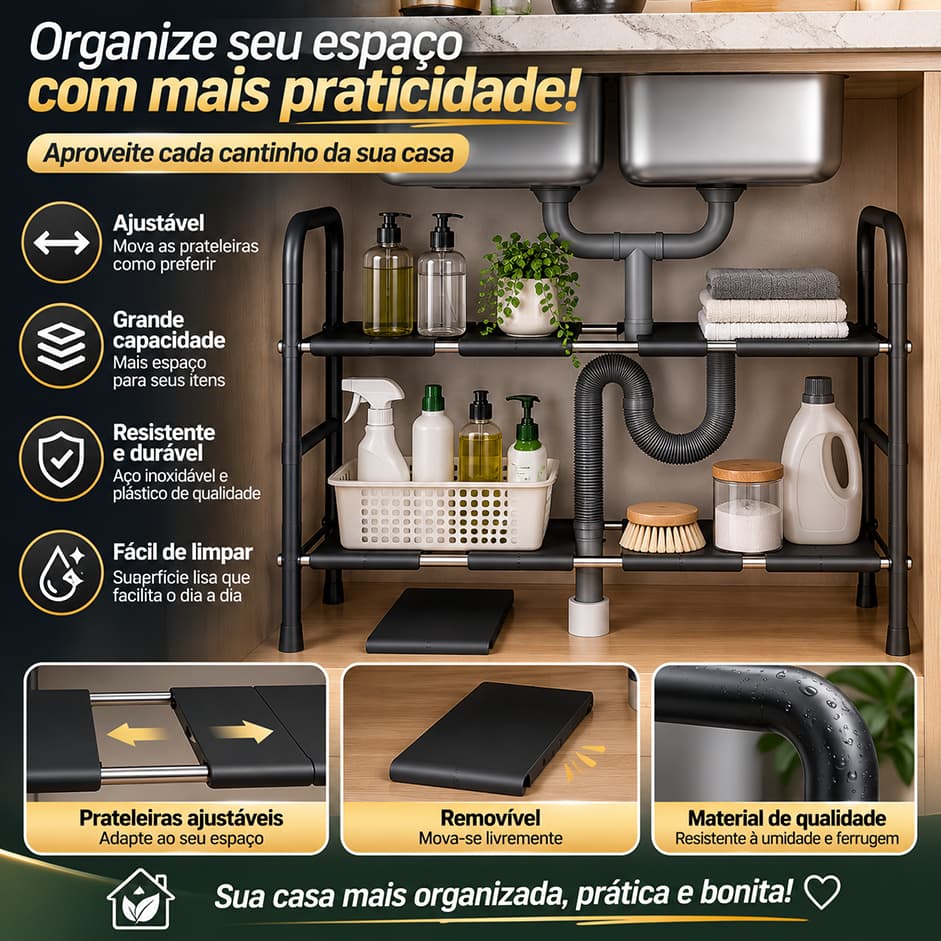 Organizador de pia ajustável de 1/2 níveis prateleira expansível para panelas e frigideiras