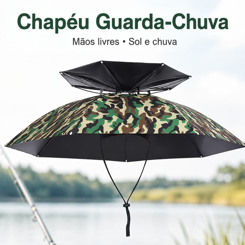 Chapéu Guarda-Chuva Mãos Livres Camuflado Dupla Camada para Pesca Camping Jardim Sol e Chuva