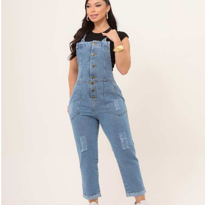 Macacão  feminina Calça Jeans Rasgado Jardineira  jeans Feminina Comprido lançamento