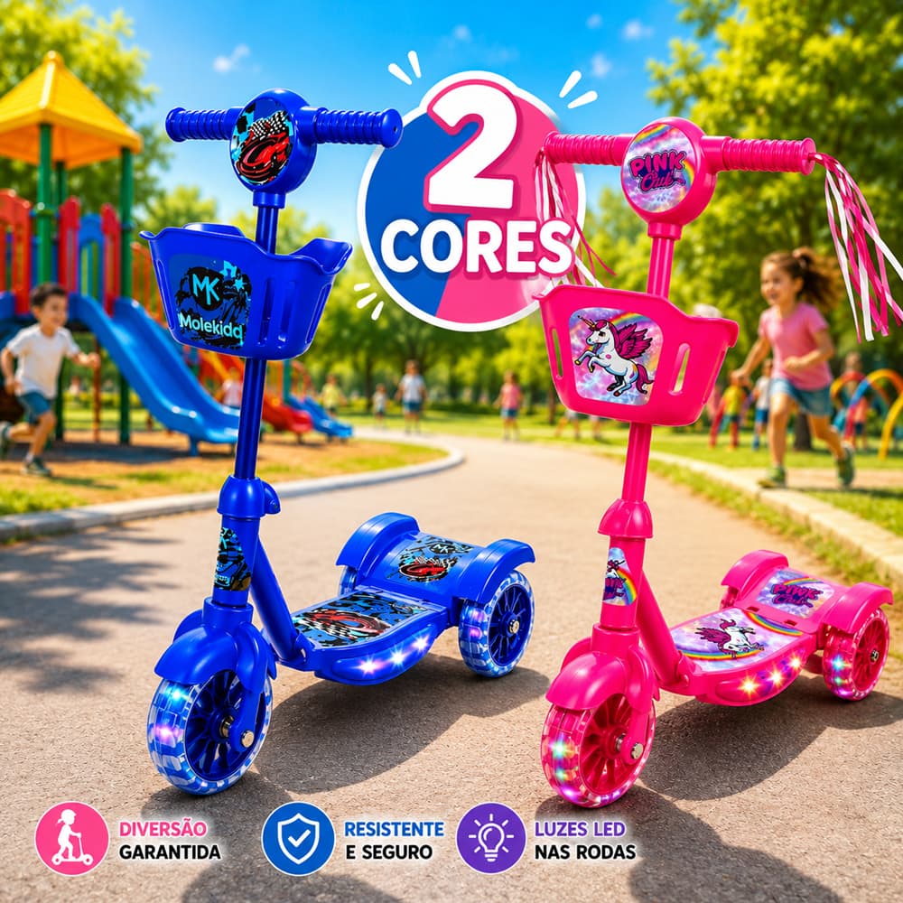 Patinete Infantil 3 Rodas Luz LED Ajustável Unicórnio MotorKid Rosa Azul