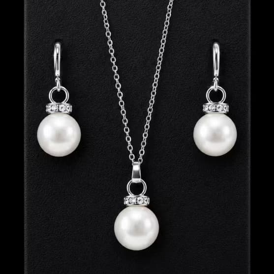 Conjunto Colar Brincos Pérola Strass Aço Inox Cor Prateado Feminino Presente Luxo