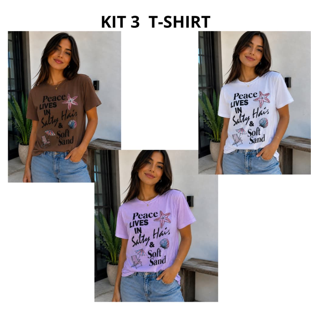 KIT 3 Blusinha T-SHIRT Feminina Manga Curta Estilosa Estampada