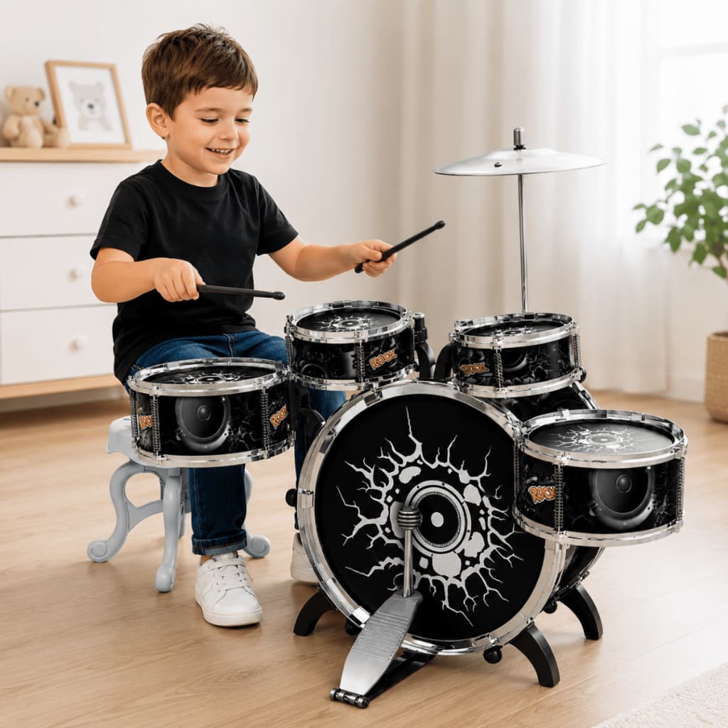 Bateria Instrumento Musical Infantil Rock Party com 4 Tambores Pedal e Baquetas Semi Profissional Preto BH Store