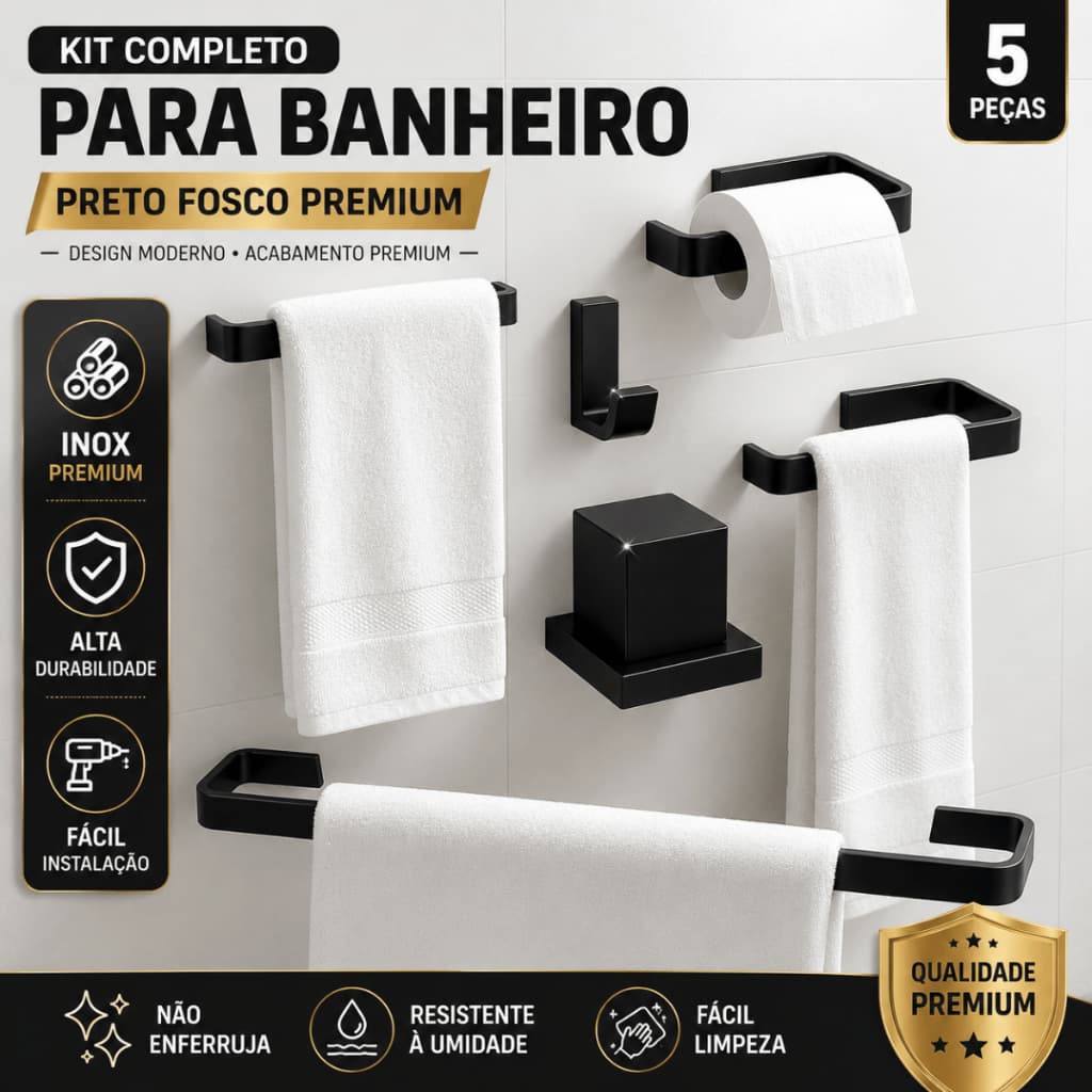 Kit Banheiro Preto Fosco Completo 5 Peças Inox Porta Toalha Suporte Papel Higiênico Cabide Acessórios Banheiro Premium