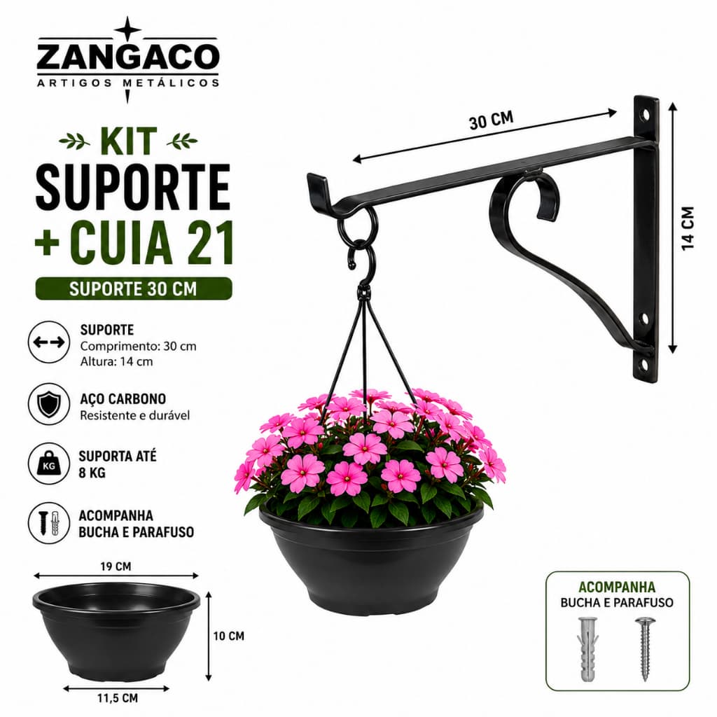 Suporte Ferro 30 cm Para Plantas  Pendente Com Vaso Cuia 21  Preto Jardim Parede Decorativo