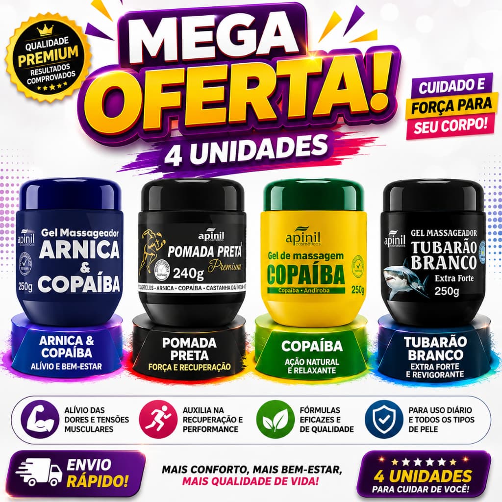 🔥 KIT 4 POMADAS MASSAGEADORAS APINIL ARNICA+COPAÍBA+TUBARÃO 250G+PRETA 240G 🔥