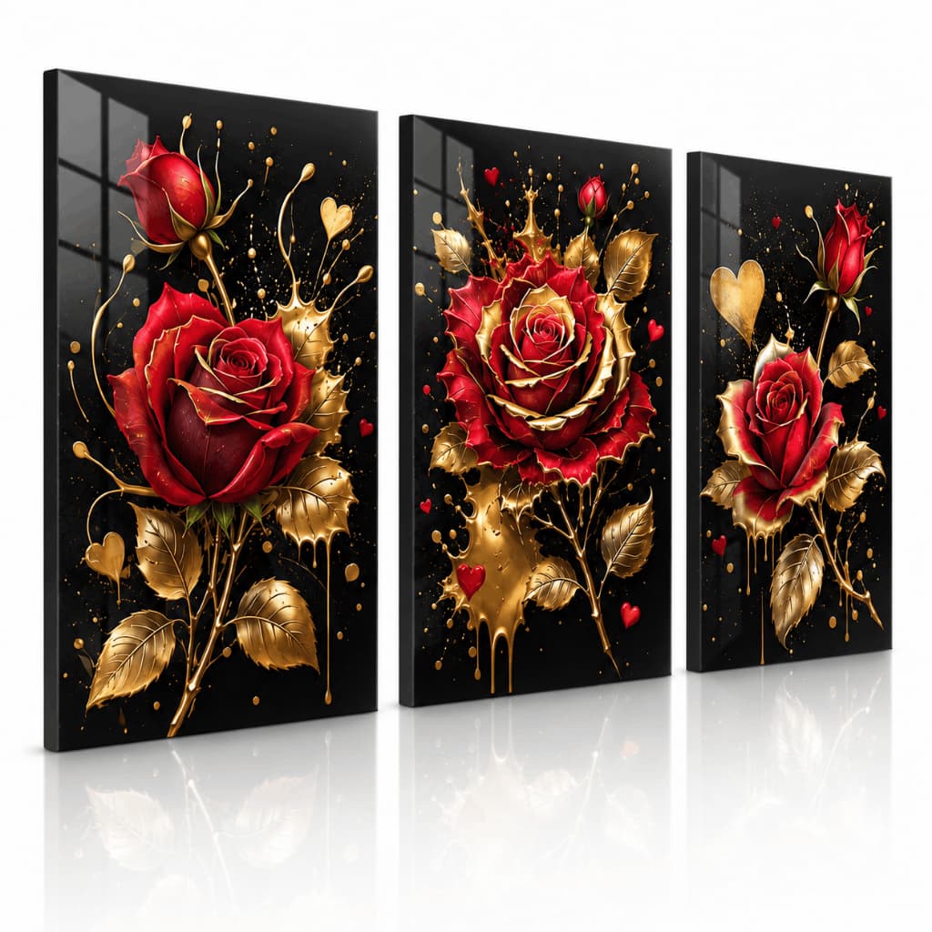 Kit 3 Quadros Decorativos Rosas Vermelhas e Douradas em MDF para Sala Quarto e Escritório