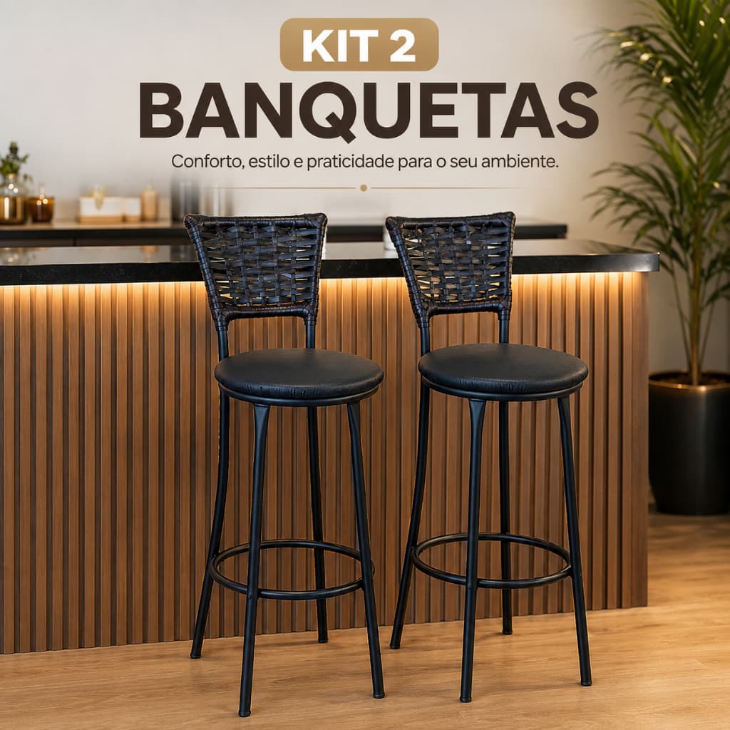 Banqueta Alta Kit com 2 Unid Bistrô Bancos Cozinha Bar Balcão Bancada Americana Premium Ferro Junco