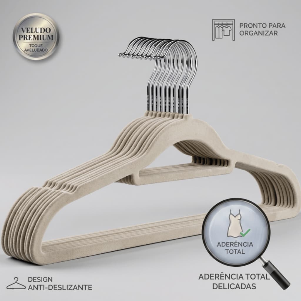 Kit 10 Unidades Cabides Slim Veludo Bege Antideslizante Organizador Guarda Roupa
