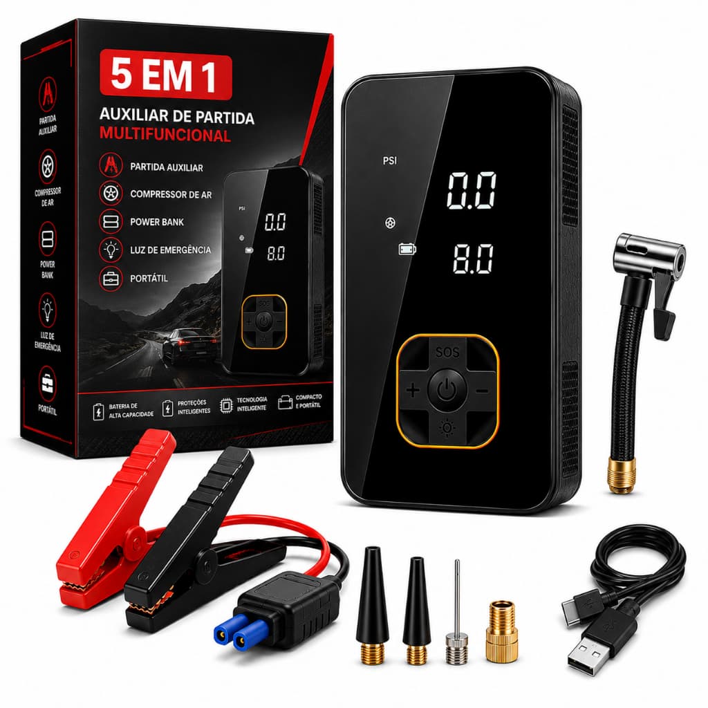 Auxiliar de Partida Carregador Bateria Com Compressor de Ar Emergência Portátil Veicular