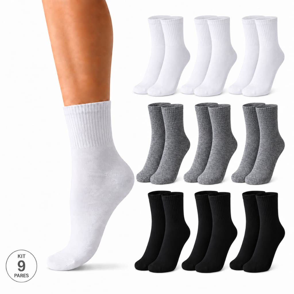 Kit 9 Pares Meia Cores Sortidas Cano Alto Casual