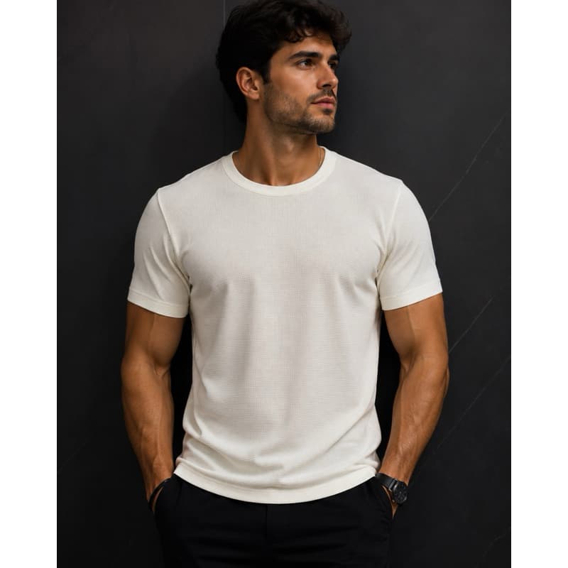 Camiseta Texturizada Casual Old Money Waffle Masculina Gola Redonda Malha Leve