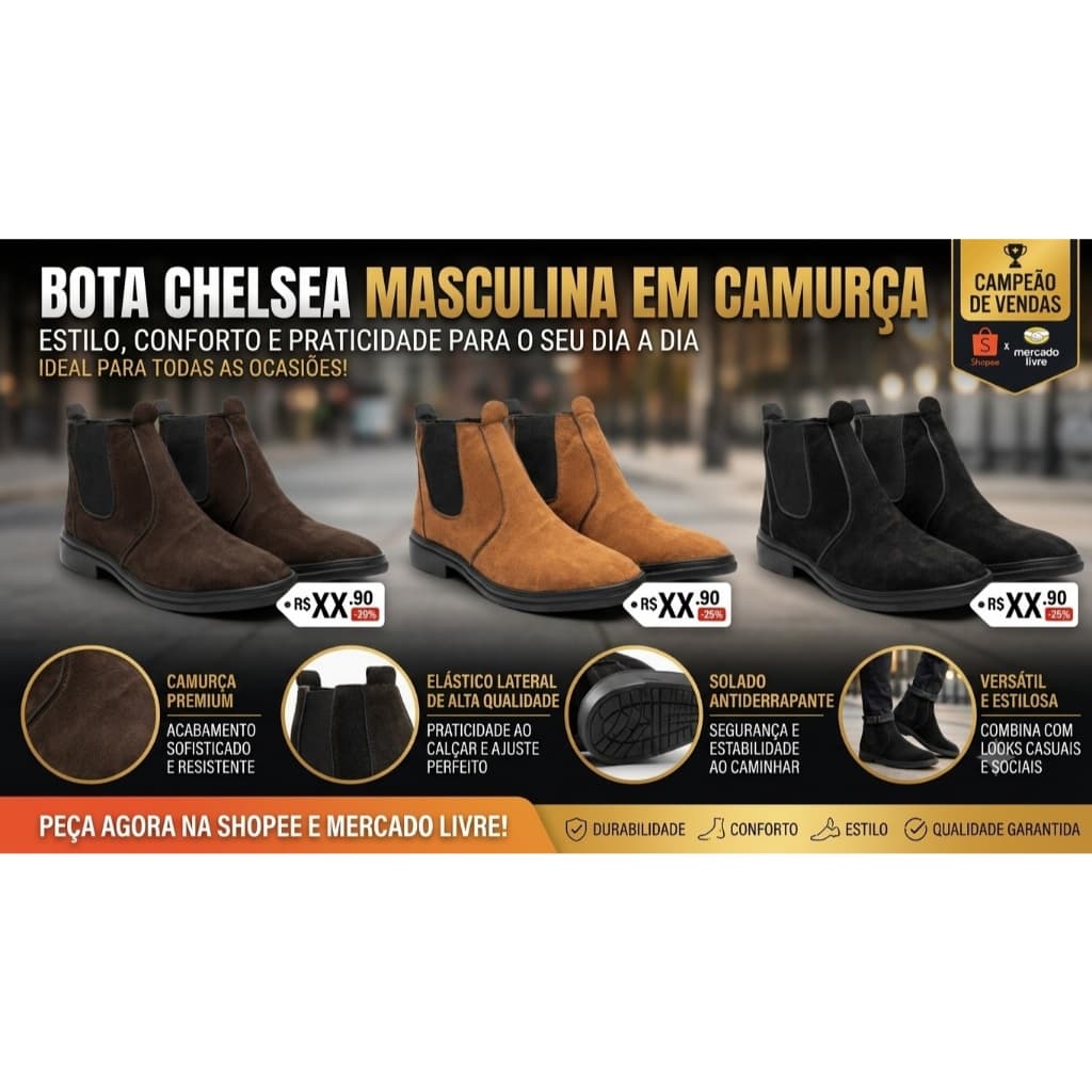 Bota Chelsea Masculina Em Camurça Botina Cano Curto Com Elástico Solado Antiderrapante Macia RGK