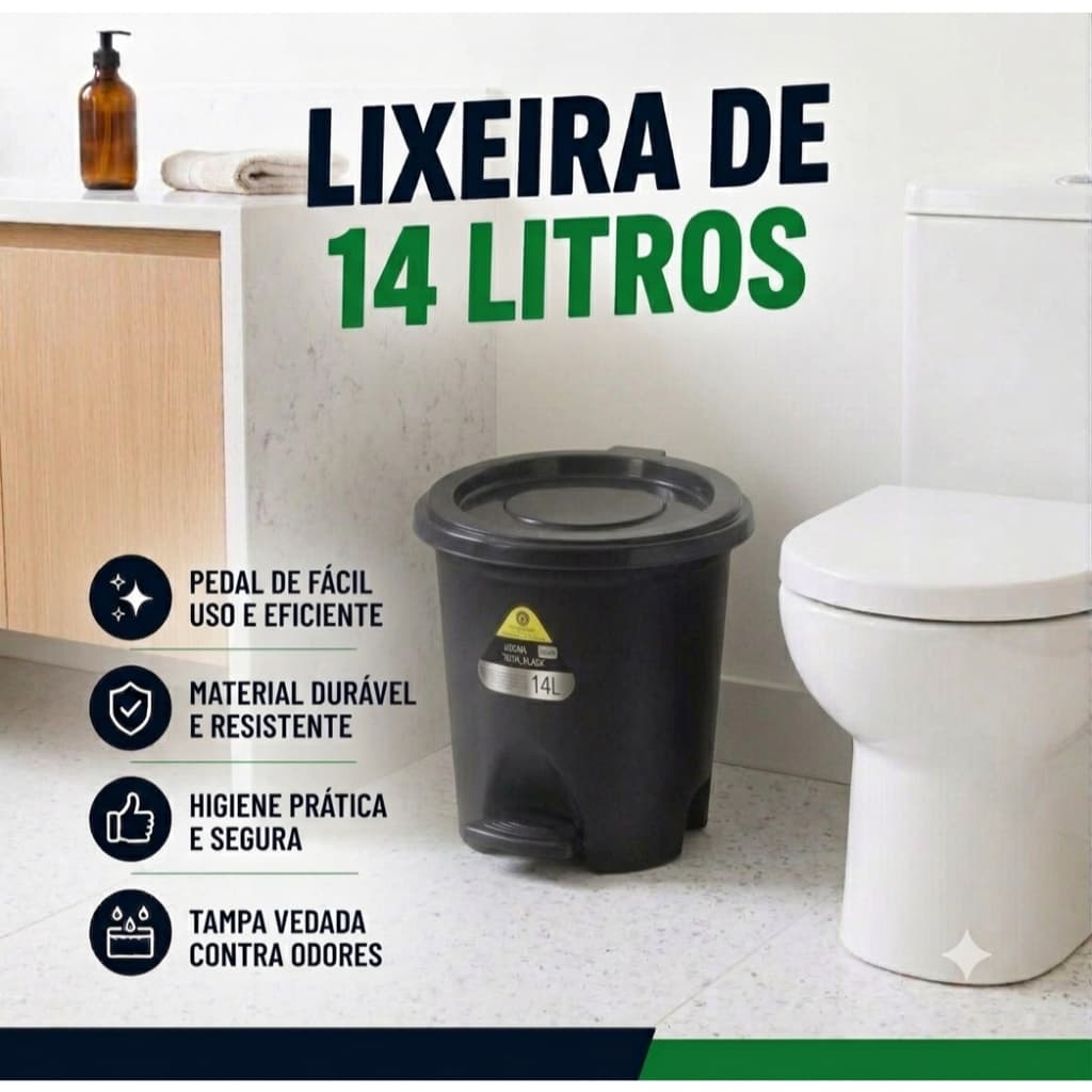 LIXEIRA 14 LITROS COM PEDAL PLÁSTICO RESISTENTE PARA COZINHA BANHEIRO MULTIUSO CESTO DE LIXO FÁCIL DE LIMPAR CASA LIMPA