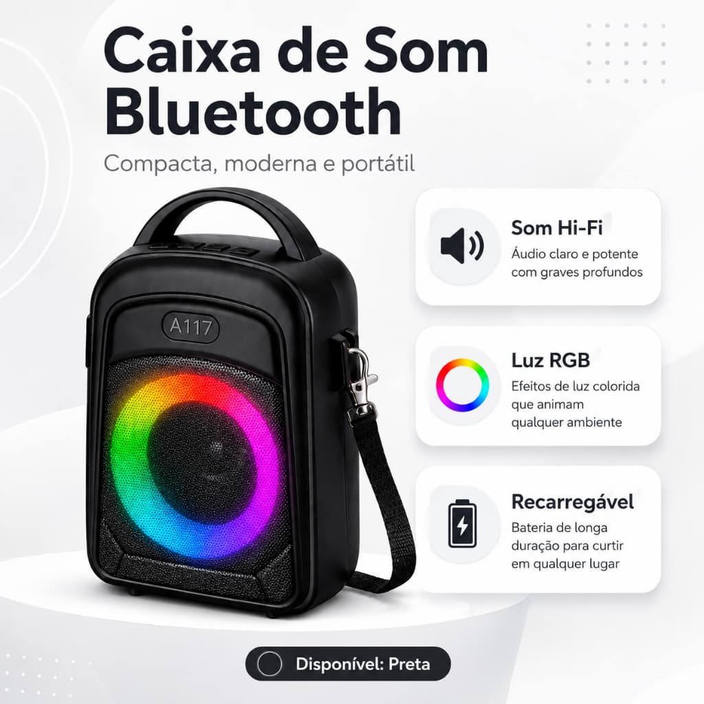 Speaker Bluetooth A117 Portátil com Som Hi-Fi, Luz RGB e Bateria Recarregável – Preto