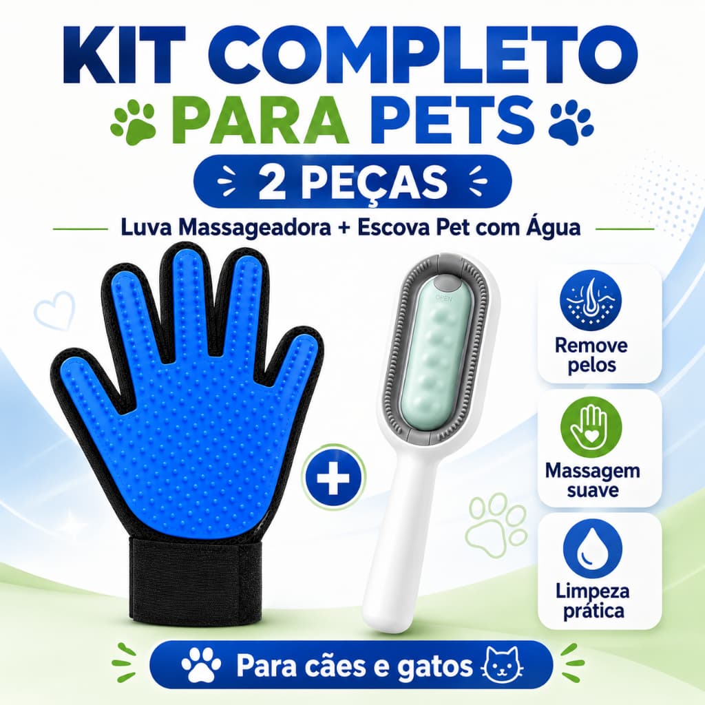 Kit Pet 2 Peças Luva de Silicone Removedora de Pelos + Escova Massageadora com Água para Cães e Gatos